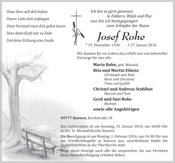 Traueranzeige von Josef Rohe von Neue Osnabrücker Zeitung GmbH & Co. KG