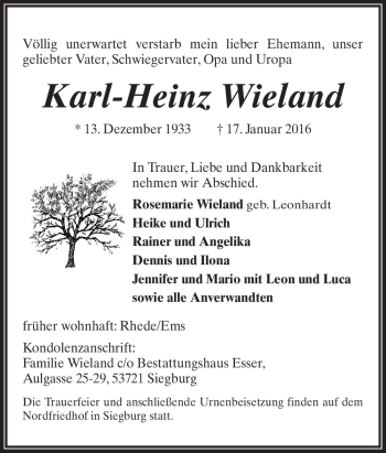 Traueranzeige von Karl-Heinz Wieland von Neue Osnabrücker Zeitung GmbH & Co. KG