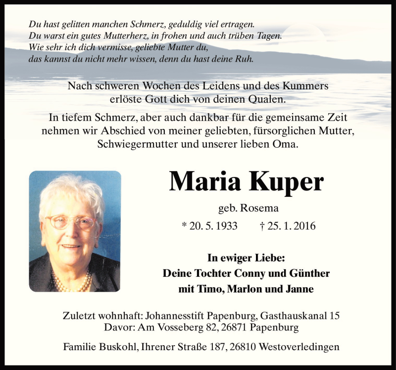  Traueranzeige für Maria Kuper vom 28.01.2016 aus Neue Osnabrücker Zeitung GmbH & Co. KG