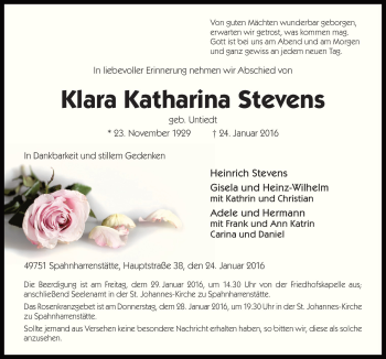 Traueranzeige von Klara Katharina Stevens von Neue Osnabrücker Zeitung GmbH & Co. KG