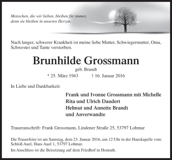 Traueranzeige von Brunhilde Grossmann von Neue Osnabrücker Zeitung GmbH & Co. KG