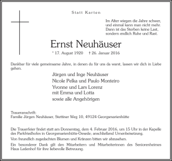 Traueranzeige von Ernst Neuhäuser von Neue Osnabrücker Zeitung GmbH & Co. KG