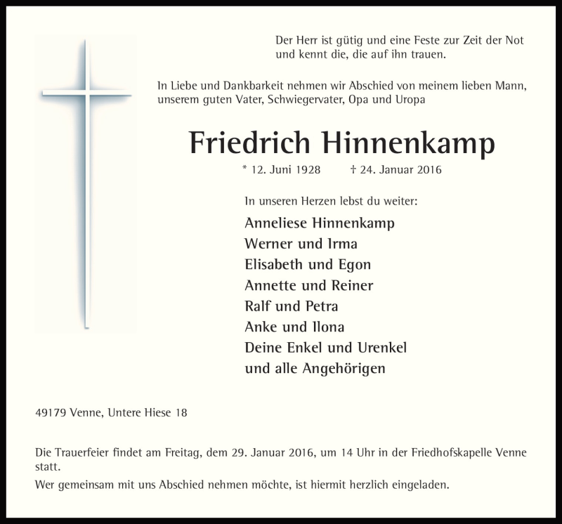  Traueranzeige für Friedrich Hinnenkamp vom 26.01.2016 aus Neue Osnabrücker Zeitung GmbH & Co. KG