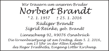 Traueranzeige von Norbert Brandt von Neue Osnabrücker Zeitung GmbH & Co. KG