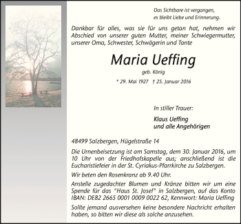 Traueranzeige von Maria Ueffing von Neue Osnabrücker Zeitung GmbH & Co. KG
