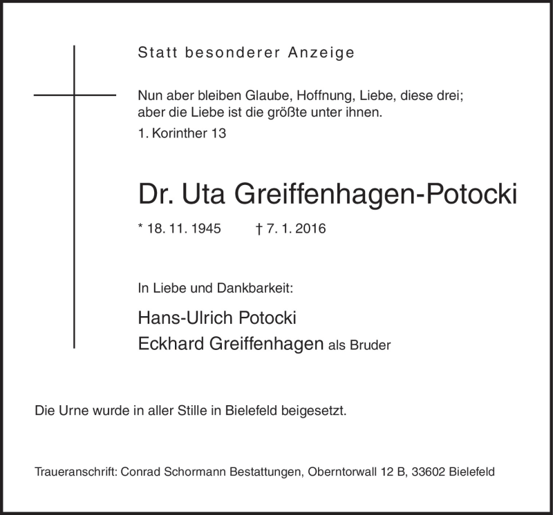  Traueranzeige für Uta Greiffenhagen-Potocki vom 23.01.2016 aus Neue Osnabrücker Zeitung GmbH & Co. KG