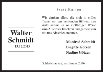 Traueranzeige von Walter Schmidt von Neue Osnabrücker Zeitung GmbH & Co. KG