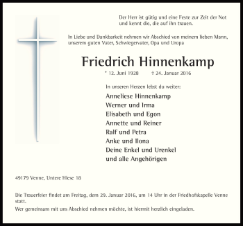 Traueranzeige von Friedrich Hinnenkamp von Neue Osnabrücker Zeitung GmbH & Co. KG
