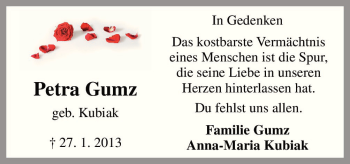 Traueranzeige von Petra Gumz von Neue Osnabrücker Zeitung GmbH & Co. KG