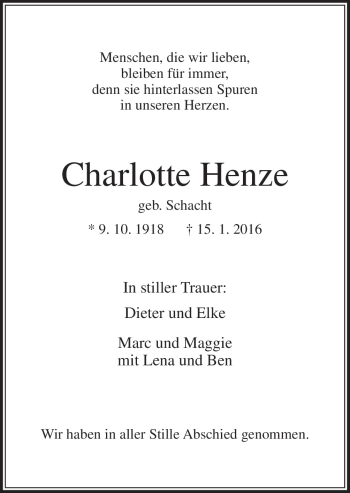 Traueranzeige von Charlotte Henze von Neue Osnabrücker Zeitung GmbH & Co. KG