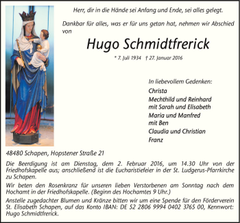 Traueranzeige von Hugo Schmidtfrerick von Neue Osnabrücker Zeitung GmbH & Co. KG