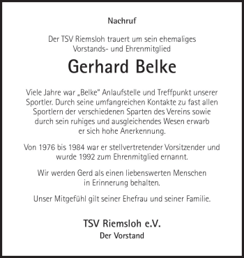 Traueranzeige von Gerhard Belke von Neue Osnabrücker Zeitung GmbH & Co. KG