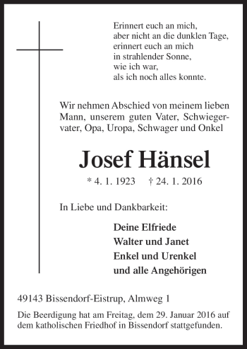 Traueranzeige von Josef Hänsel von Neue Osnabrücker Zeitung GmbH & Co. KG