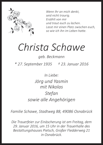 Traueranzeige von Christa Schawe von Neue Osnabrücker Zeitung GmbH & Co. KG