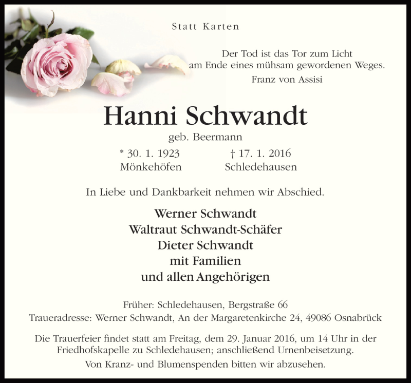  Traueranzeige für Hanni Schwandt vom 27.01.2016 aus Neue Osnabrücker Zeitung GmbH & Co. KG