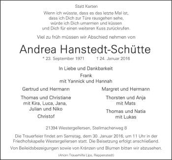 Traueranzeige von Andrea Hanstedt-Schütte von Neue Osnabrücker Zeitung GmbH & Co. KG
