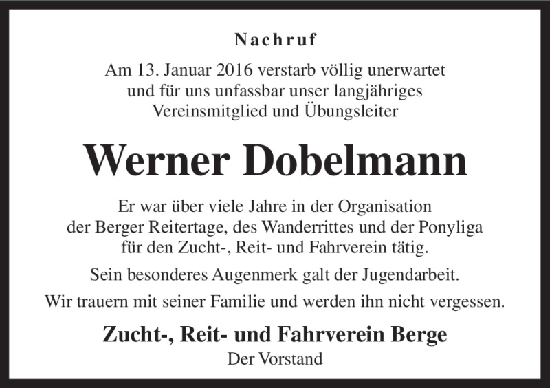  Traueranzeige für Werner Dobelmann vom 21.01.2016 aus Neue Osnabrücker Zeitung GmbH & Co. KG