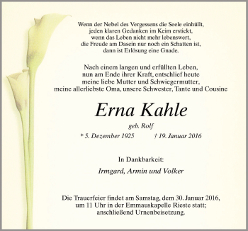 Traueranzeige von Erna Kahle von Neue Osnabrücker Zeitung GmbH & Co. KG