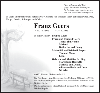 Traueranzeige von Franz Geers von Neue Osnabrücker Zeitung GmbH & Co. KG