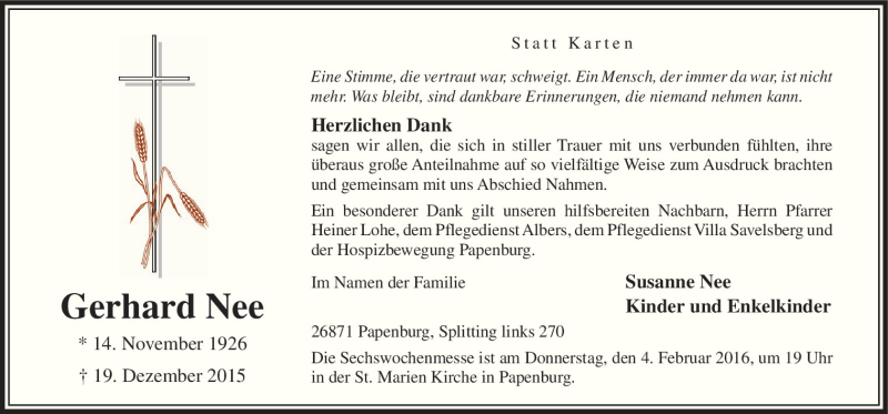  Traueranzeige für Gerhard Nee vom 30.01.2016 aus Neue Osnabrücker Zeitung GmbH & Co. KG