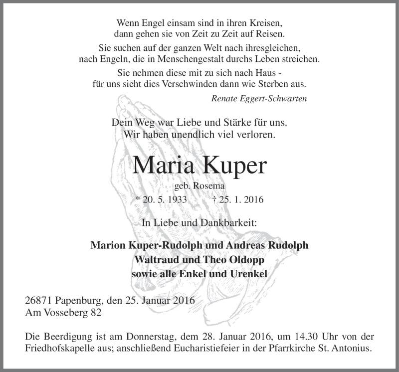  Traueranzeige für Maria Kuper vom 26.01.2016 aus Neue Osnabrücker Zeitung GmbH & Co. KG