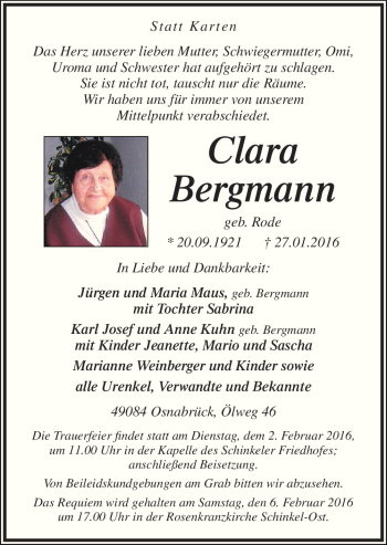 Traueranzeige von Clara Bergmann von Neue Osnabrücker Zeitung GmbH & Co. KG
