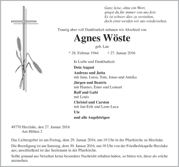 Traueranzeige von Agnes Wöste von Neue Osnabrücker Zeitung GmbH & Co. KG