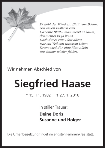 Traueranzeige von Siegfried Haase von Neue Osnabrücker Zeitung GmbH & Co. KG