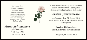 Traueranzeige von Anna  Schmackers von Neue Osnabrücker Zeitung GmbH & Co. KG