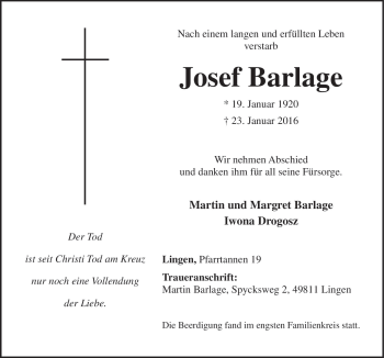 Traueranzeige von Josef Barlage von Neue Osnabrücker Zeitung GmbH & Co. KG