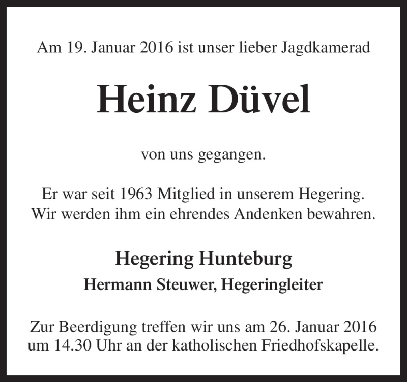  Traueranzeige für Heinz Düvel vom 23.01.2016 aus Neue Osnabrücker Zeitung GmbH & Co. KG