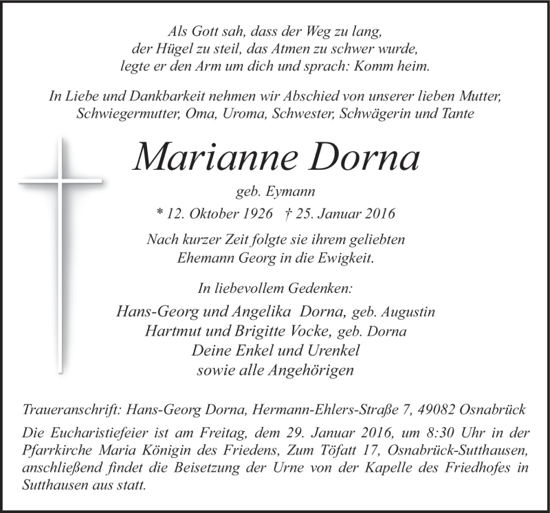  Traueranzeige für Marianne Dorna vom 27.01.2016 aus Neue Osnabrücker Zeitung GmbH & Co. KG