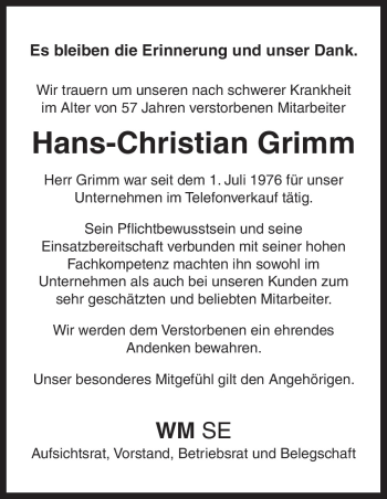 Traueranzeige von Hans-Christian Grimm von Neue Osnabrücker Zeitung GmbH & Co. KG