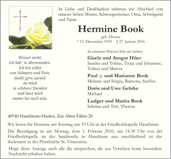 Traueranzeige von Hermine Book von Neue Osnabrücker Zeitung GmbH & Co. KG
