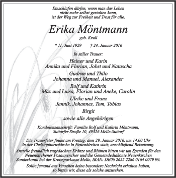 Traueranzeige von Erika Möntmann von Neue Osnabrücker Zeitung GmbH & Co. KG