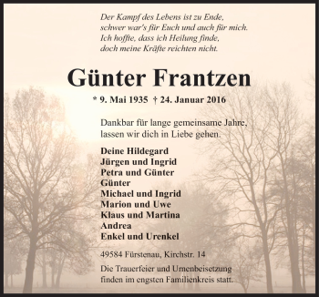 Traueranzeige von Günter Frantzen von Neue Osnabrücker Zeitung GmbH & Co. KG