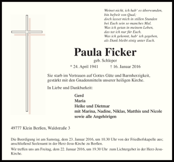 Traueranzeige von Paula Ficker von Neue Osnabrücker Zeitung GmbH & Co. KG