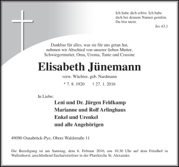 Traueranzeige von Elisabeth Jünemann von Neue Osnabrücker Zeitung GmbH & Co. KG