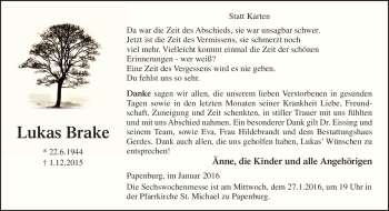 Traueranzeige von Lukas Brake von Neue Osnabrücker Zeitung GmbH & Co. KG