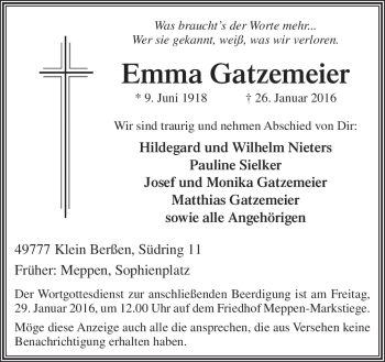 Traueranzeige von Emma Gatzemeier von Neue Osnabrücker Zeitung GmbH & Co. KG