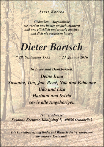 Traueranzeige von Dieter Bartsch von Neue Osnabrücker Zeitung GmbH & Co. KG