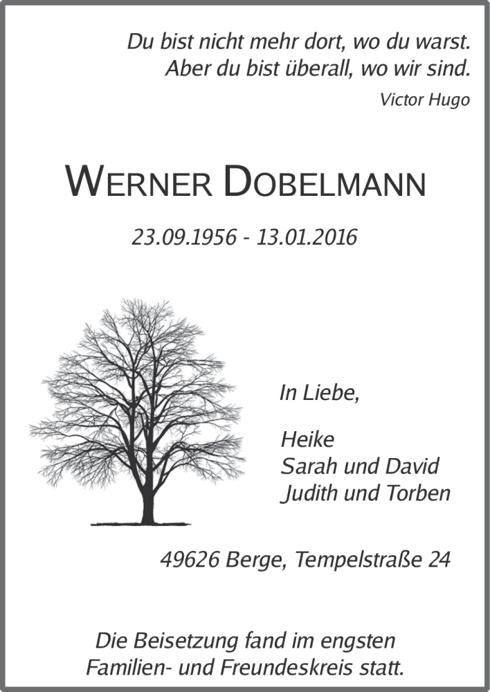  Traueranzeige für Werner Dobelmann vom 20.01.2016 aus Neue Osnabrücker Zeitung GmbH & Co. KG
