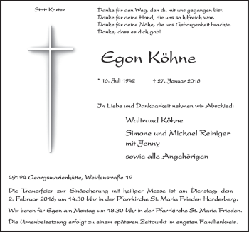 Traueranzeige von Egon Köhne von Neue Osnabrücker Zeitung GmbH & Co. KG