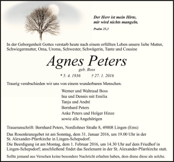Traueranzeige von Agnes Peters von Neue Osnabrücker Zeitung GmbH & Co. KG