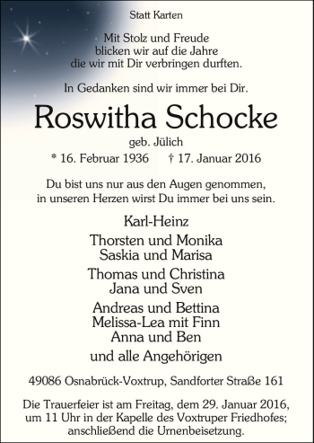 Traueranzeige von Roswitha Schocke von Neue Osnabrücker Zeitung GmbH & Co. KG