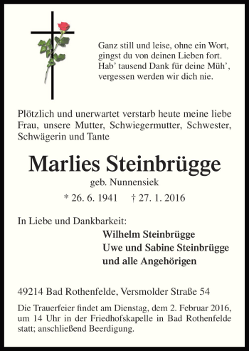 Traueranzeige von Marlies Steinbrügge von Neue Osnabrücker Zeitung GmbH & Co. KG