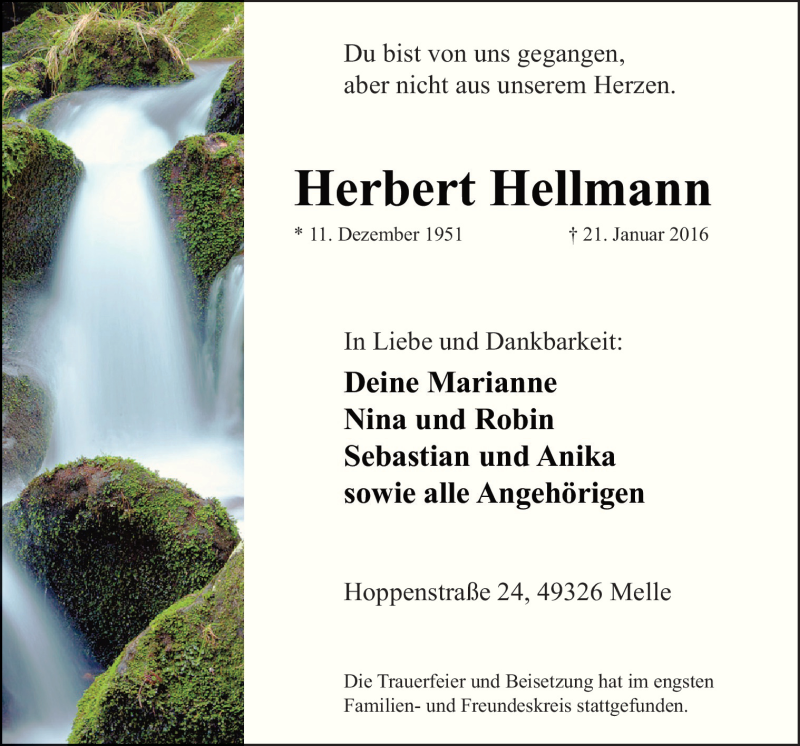  Traueranzeige für Herbert Hellmann vom 27.01.2016 aus Neue Osnabrücker Zeitung GmbH & Co. KG