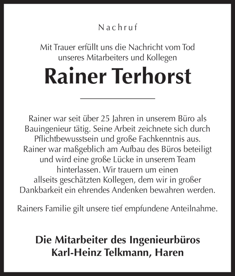  Traueranzeige für Rainer Terhorst vom 11.01.2016 aus Neue Osnabrücker Zeitung GmbH & Co. KG