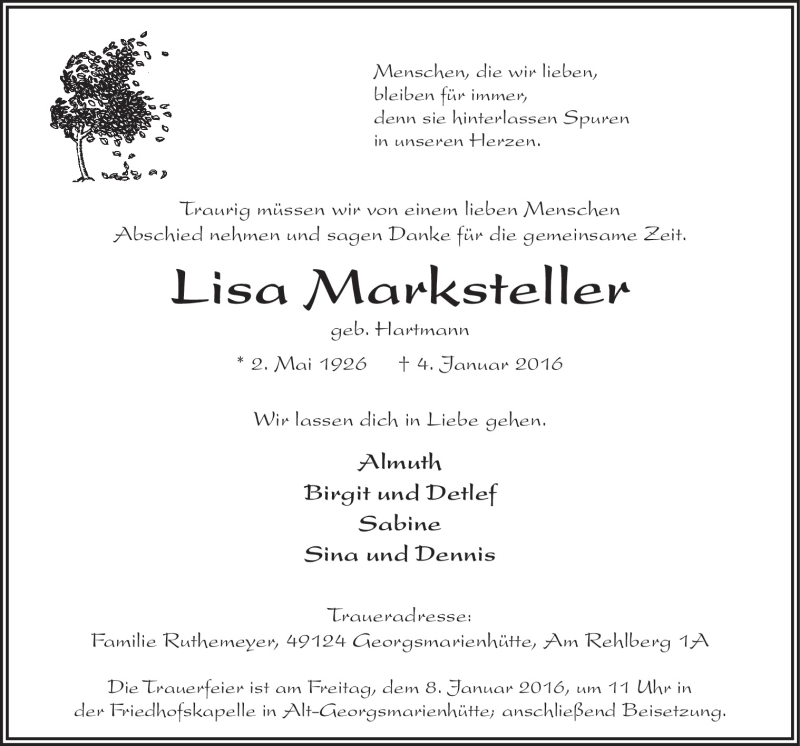  Traueranzeige für Lisa Marksteller vom 06.01.2016 aus Neue Osnabrücker Zeitung GmbH & Co. KG