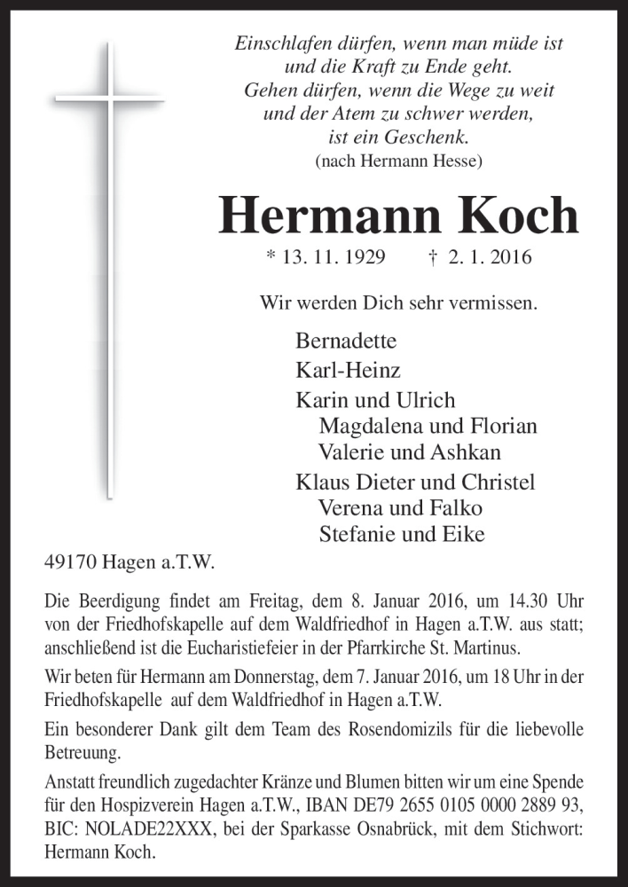  Traueranzeige für Hermann Koch vom 05.01.2016 aus Neue Osnabrücker Zeitung GmbH & Co. KG